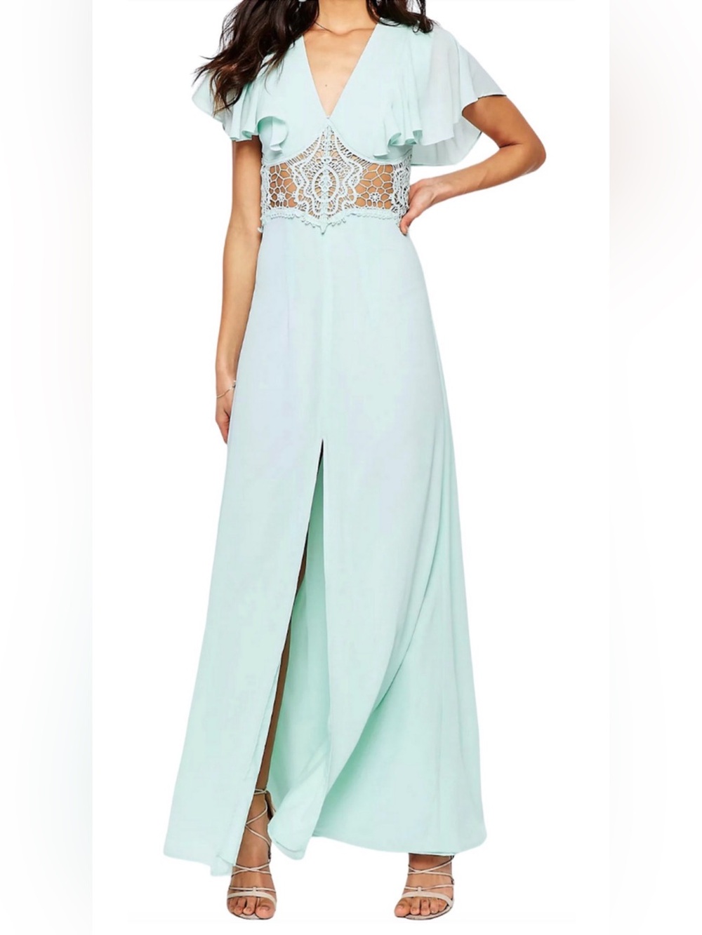 JARLO MINT GREEN EDITH LACE INSERT FLUTTER SLEEVE MAXI DRESS WEDDING US 6 UK 10